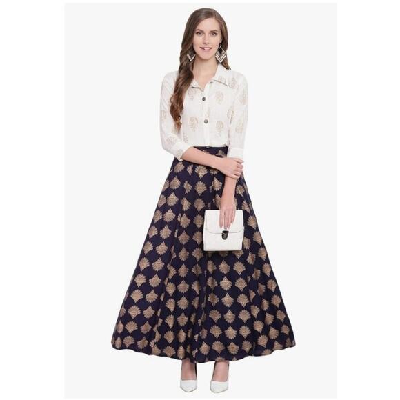 Women's Navy Blue Gold Metallic Geo Print Maxi Skirt A-Line Elegant Boho Resort - Picture 2 of 7